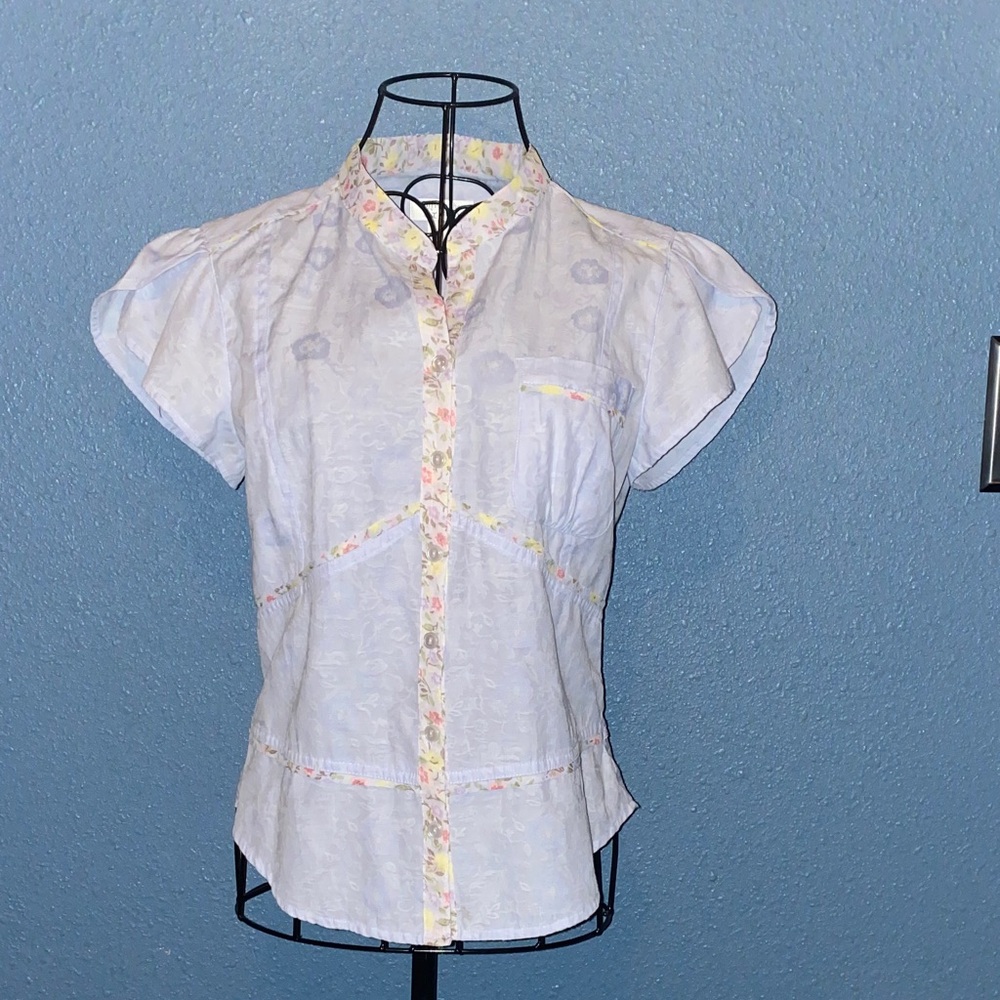 Christopher & Banks Light Blue Short Sleeve Blouse with Floral Trim
